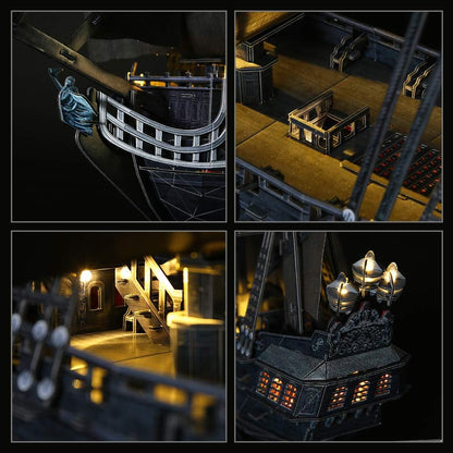 Puzzle 3D LED corabia perla neagra, 340 piese, model nava pirati de colectie, iluminare LED cu 15 lumini, dimensiuni 68 x 25 x 64 cm, montaj fara lipici si unelte, constructie EPS, cadou pentru adulti, adolescenti si colectionari, 14+ ani