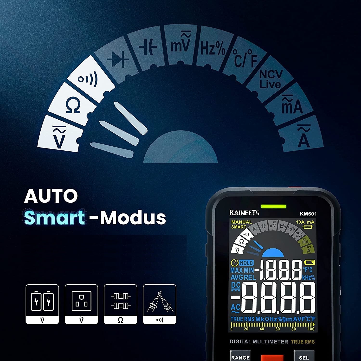 Multimetru digital smart, tester AC/DC CAT III 1000V CAT IV 600V True RMS, 10000 Counts, selectare automata a parametrilor masurati, tensiune, continuitate, rezistenta, temperatura, NCV, KAIWEETS KM601
