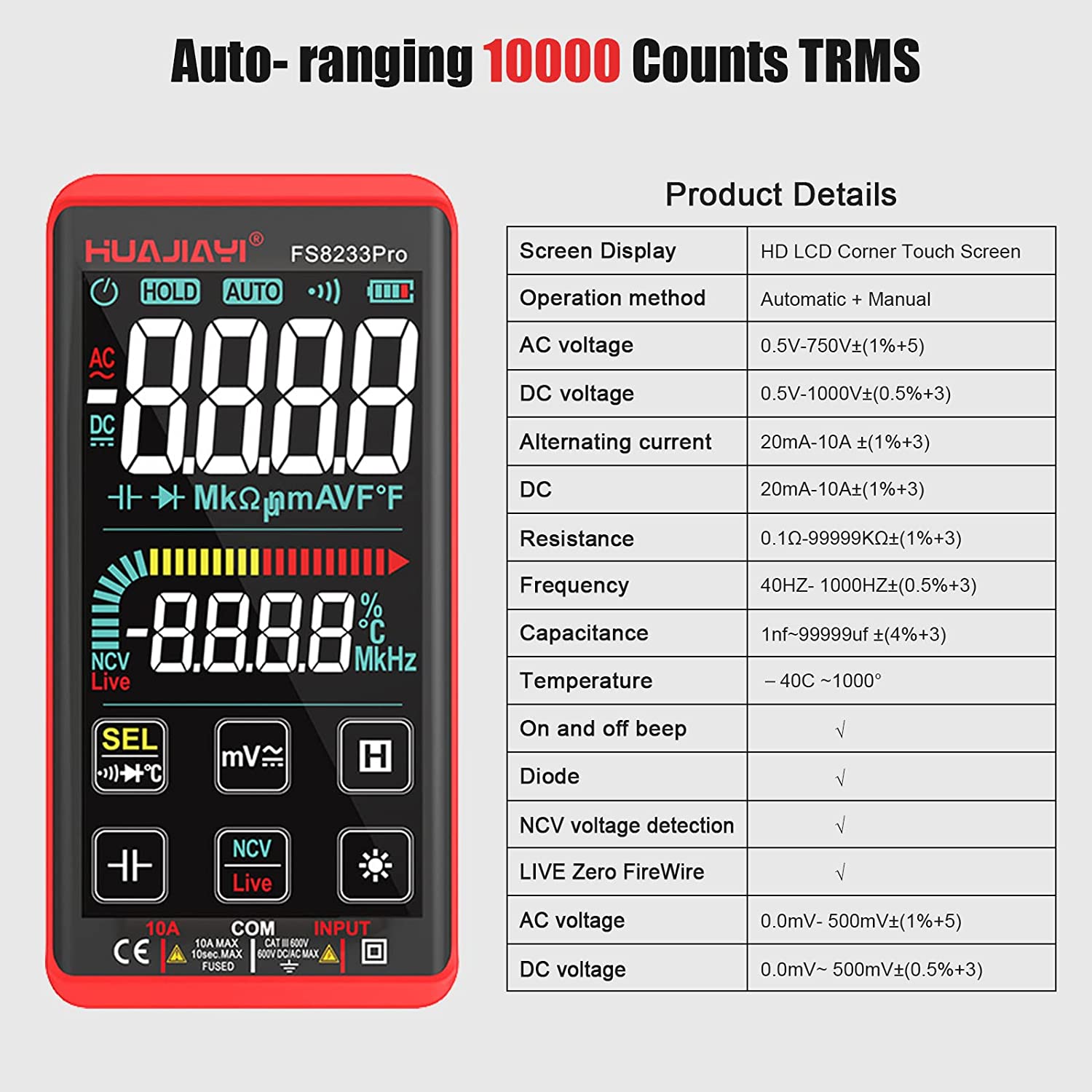 Multimetru digital smart cu touchscreen, selectare automata a parametrilor, tester AC/DC True RMS, 10000 counts, NCV, masoara curent, rezistenta, continuitate, capacitate, dioda, temperatura, frecventa