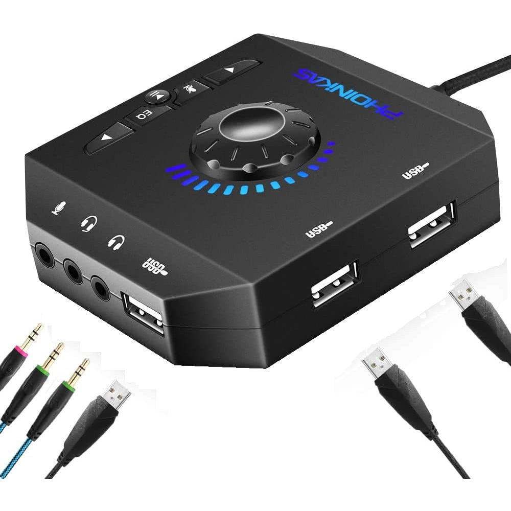 Placa de sunet externa USB, 3 in 1 amplificator, conectare casti si microfon, hub USB, cu egalizator, buton mute, plug and play, pentru Windows, Mac, Linux, laptop, desktop