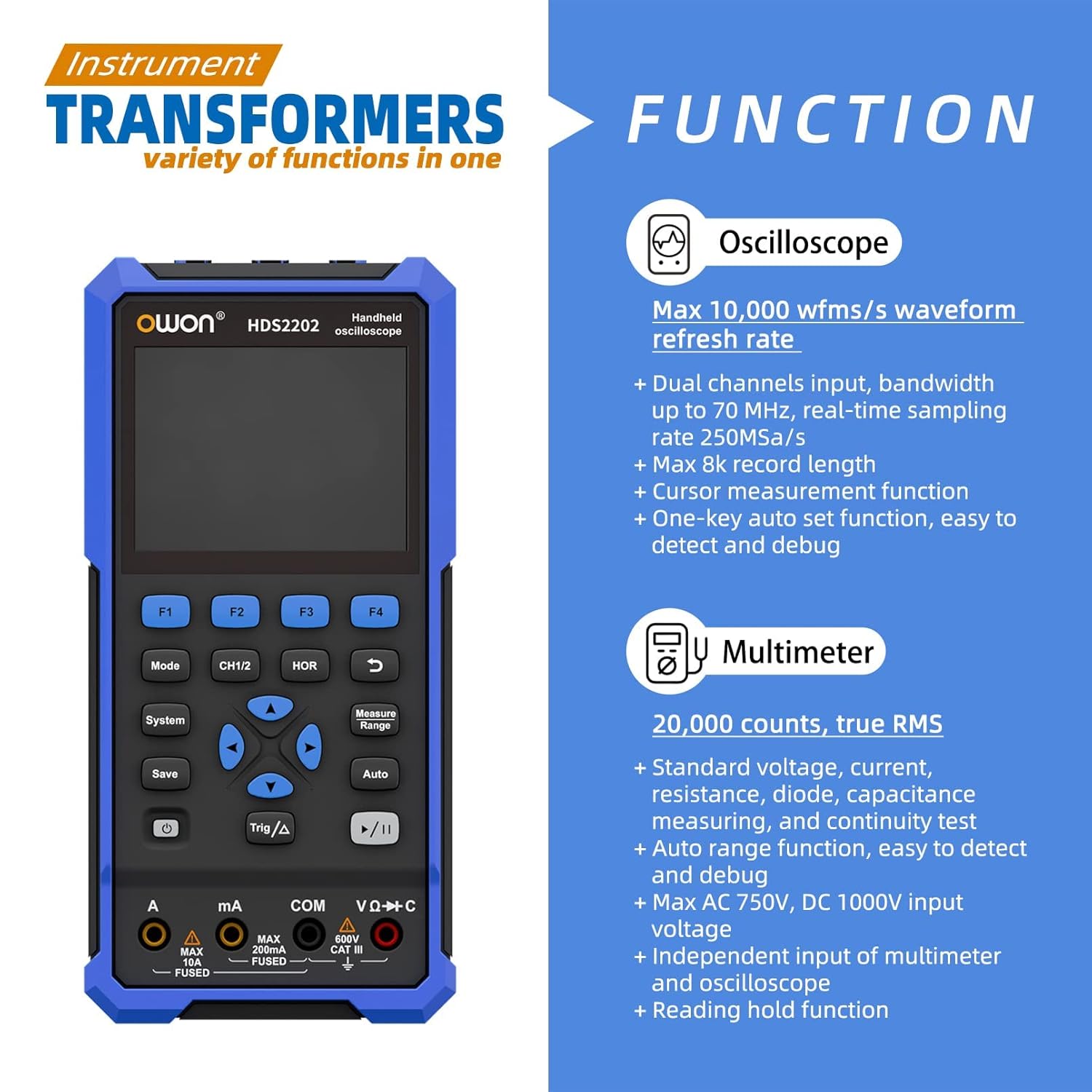 Osciloscop profesional portabil cu latime de banda 200 MHz, 1GSa/s, rezolutie verticala 10MV-10V, cu functie multimetru digital cu 20.000 counts, ecran 3.5 inch, acumulator 5200mAh, multifunctional