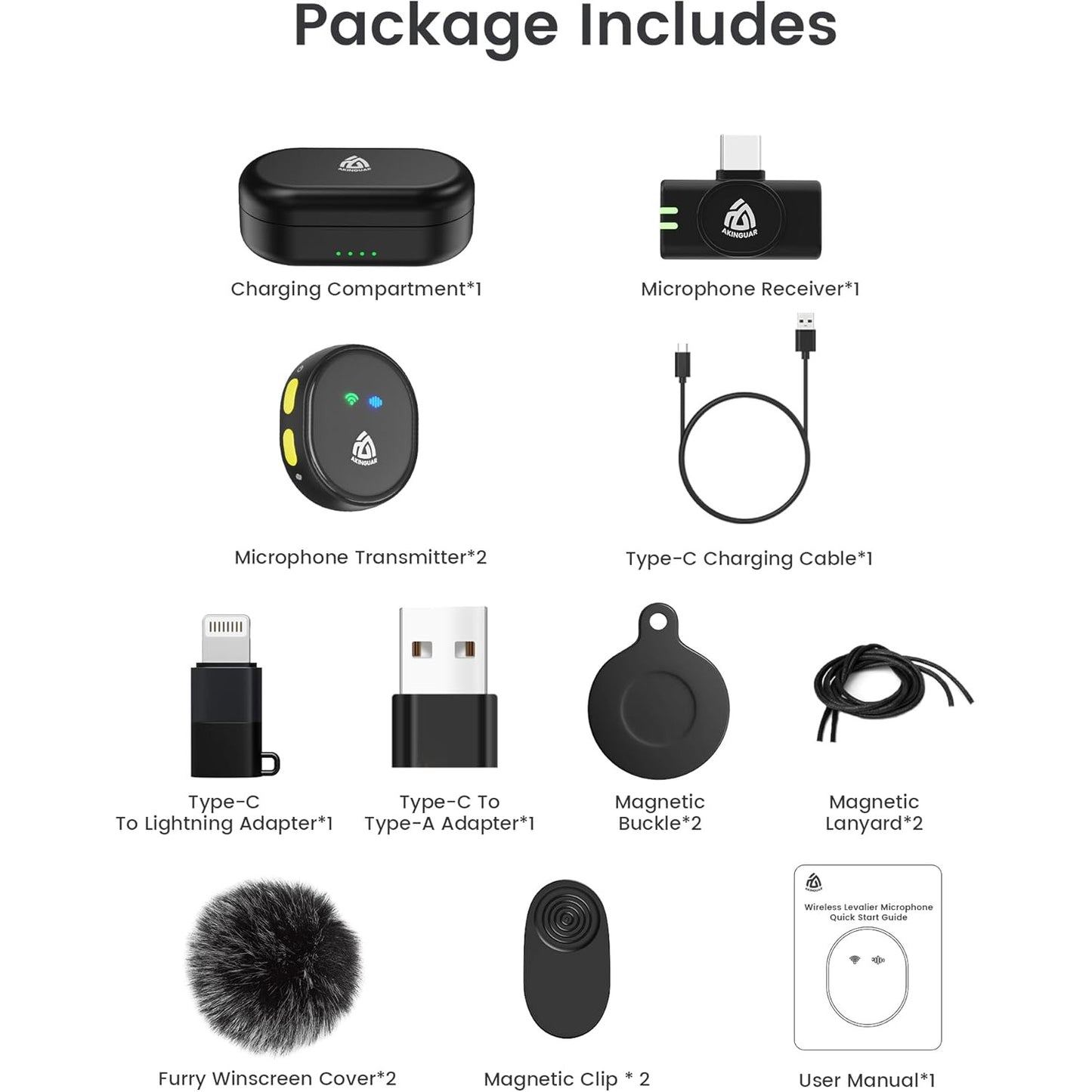 Set microfon lavaliera cu 2 microfoane mini si 1 receptor, wireless, Plug and Play, audio HiFi 48 kHz 24 biti, distanta transmisie 200 m, USB-C, mufa Lightning si USB-A, pentru telefon, tableta, laptop, compatibil Android si iOS