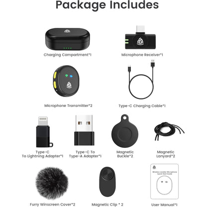 Set microfon lavaliera cu 2 microfoane mini si 1 receptor, wireless, Plug and Play, audio HiFi 48 kHz 24 biti, distanta transmisie 200 m, USB-C, mufa Lightning si USB-A, pentru telefon, tableta, laptop, compatibil Android si iOS