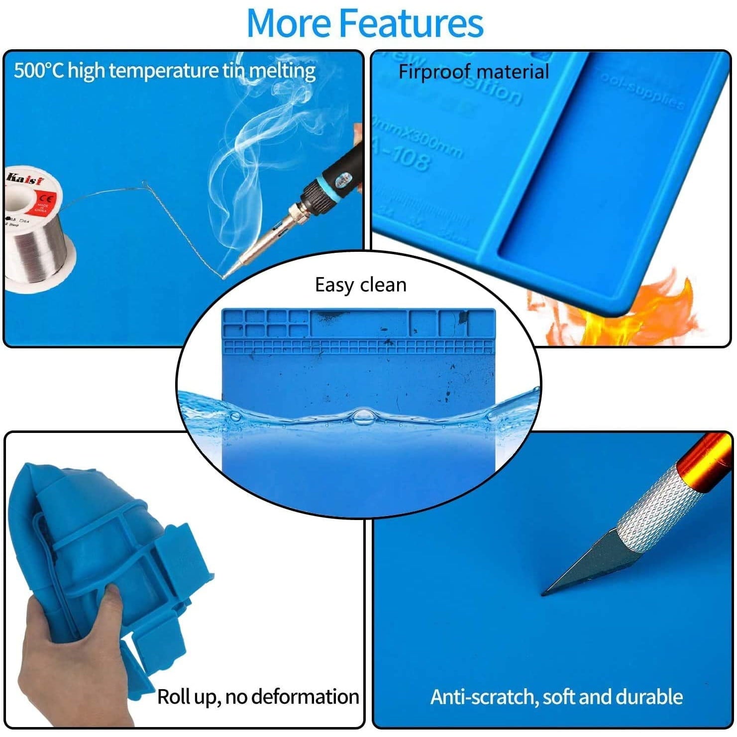 Covoras multifunctional pentru pistol de lipit, 45 x 30 cm, antistatic, din silicon rezistent la caldura 500°C, protectie masa de lucru cu compartimente magnetice, albastru