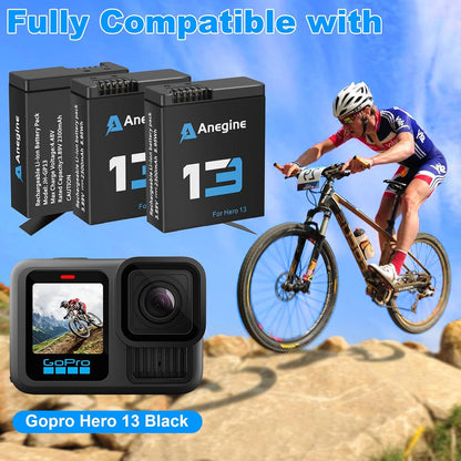 Set 3 acumulatori 2300 mAh pentru GoPro Hero 13 Black cu incarcator cu 3 sloturi, display LCD, cablu USB-A si slot USB-C, negru