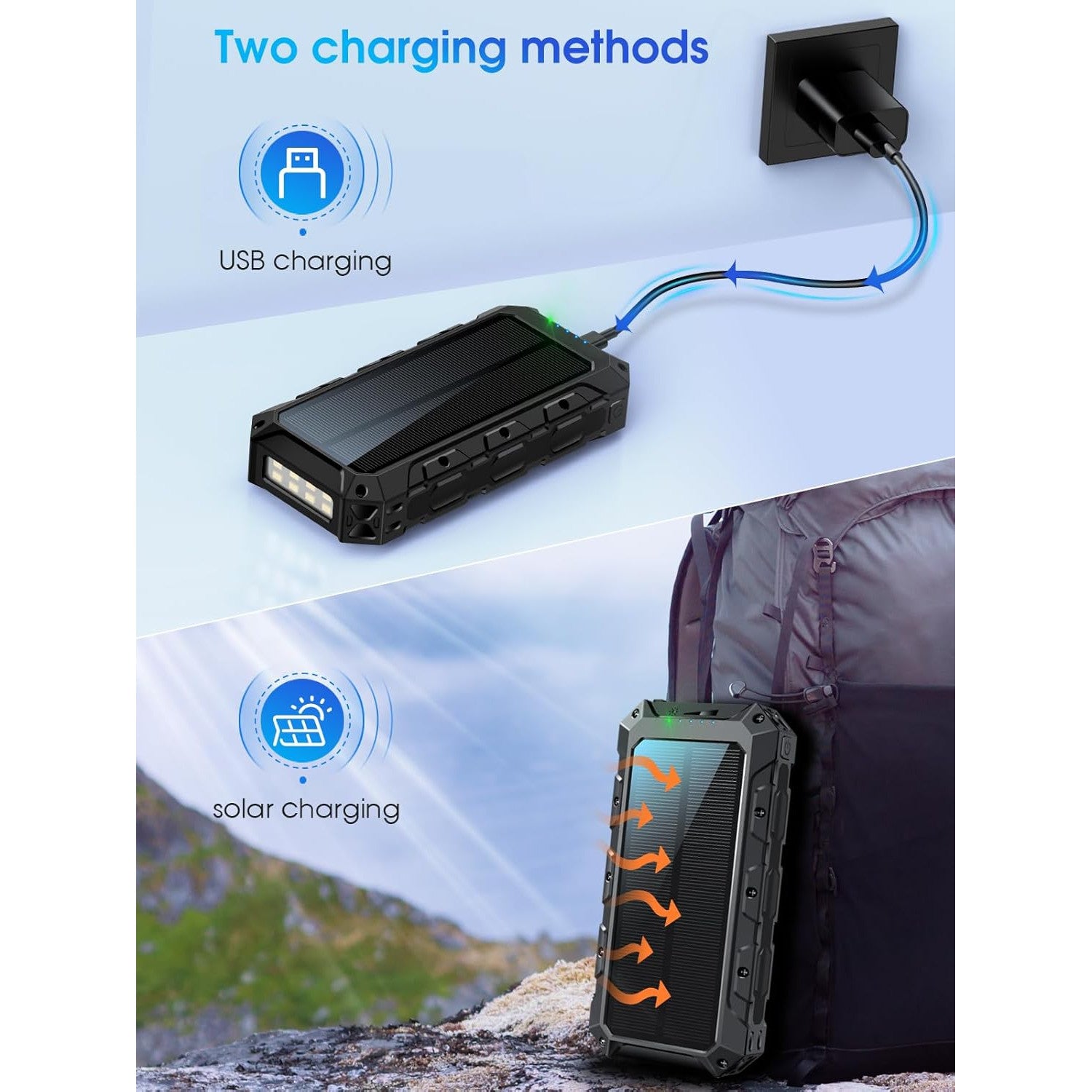 Baterie externa solara 49.920 mAh, Powerbank cu incarcare wireless, cablu USB-C, Lightning si Mini-USB incorporat, cu 2 intrari si 7 iesiri, lanterna LED, impermeabila si rezistenta la socuri