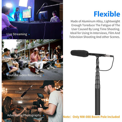 Suport pentru microfon, brat telescopic cu cablu XLR incorporat, de mana, extensibil 86-301 cm cu 5 segmente, blocare prin rasucire, maner din spuma, Neewer NW-088, negru