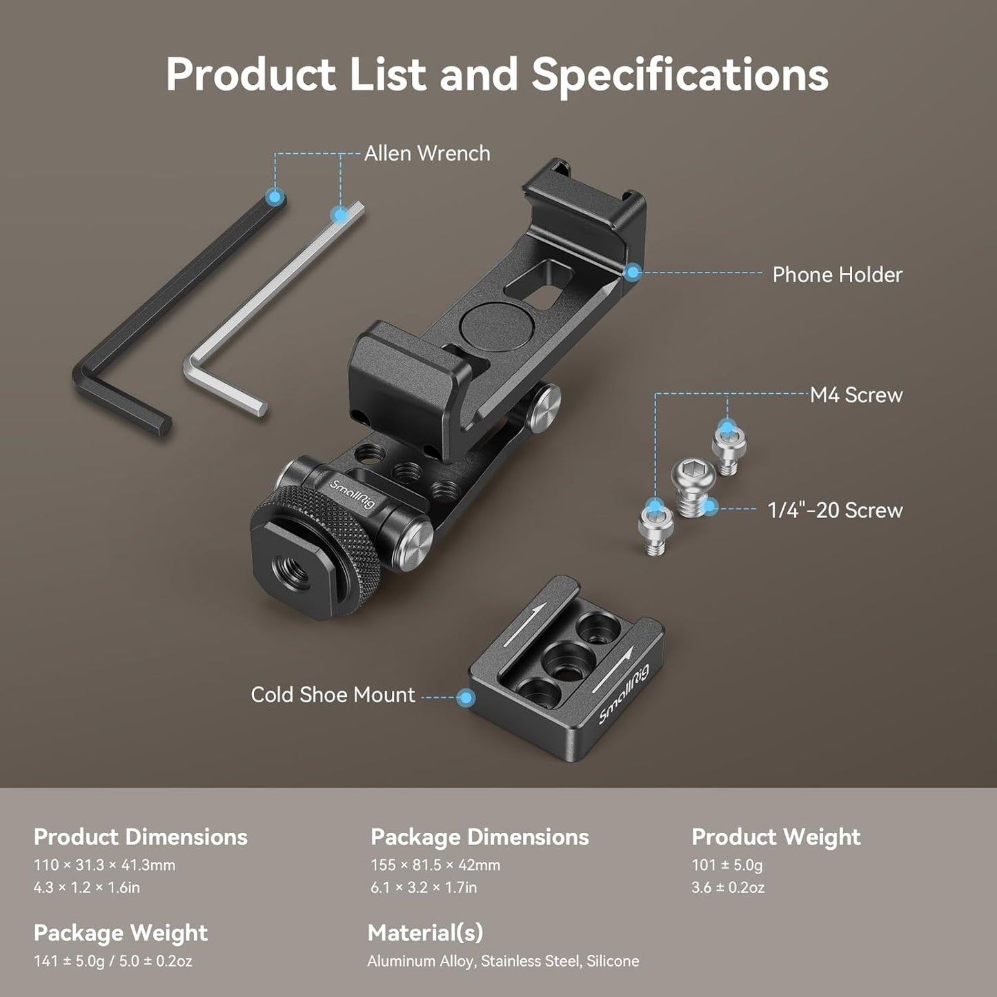 Suport telefon pentru sistem de stabilizare DJI RS, din metal, cu suport cold shoe si suruburi M4, reglabil, adaptor smartphone pana la 88 mm latime