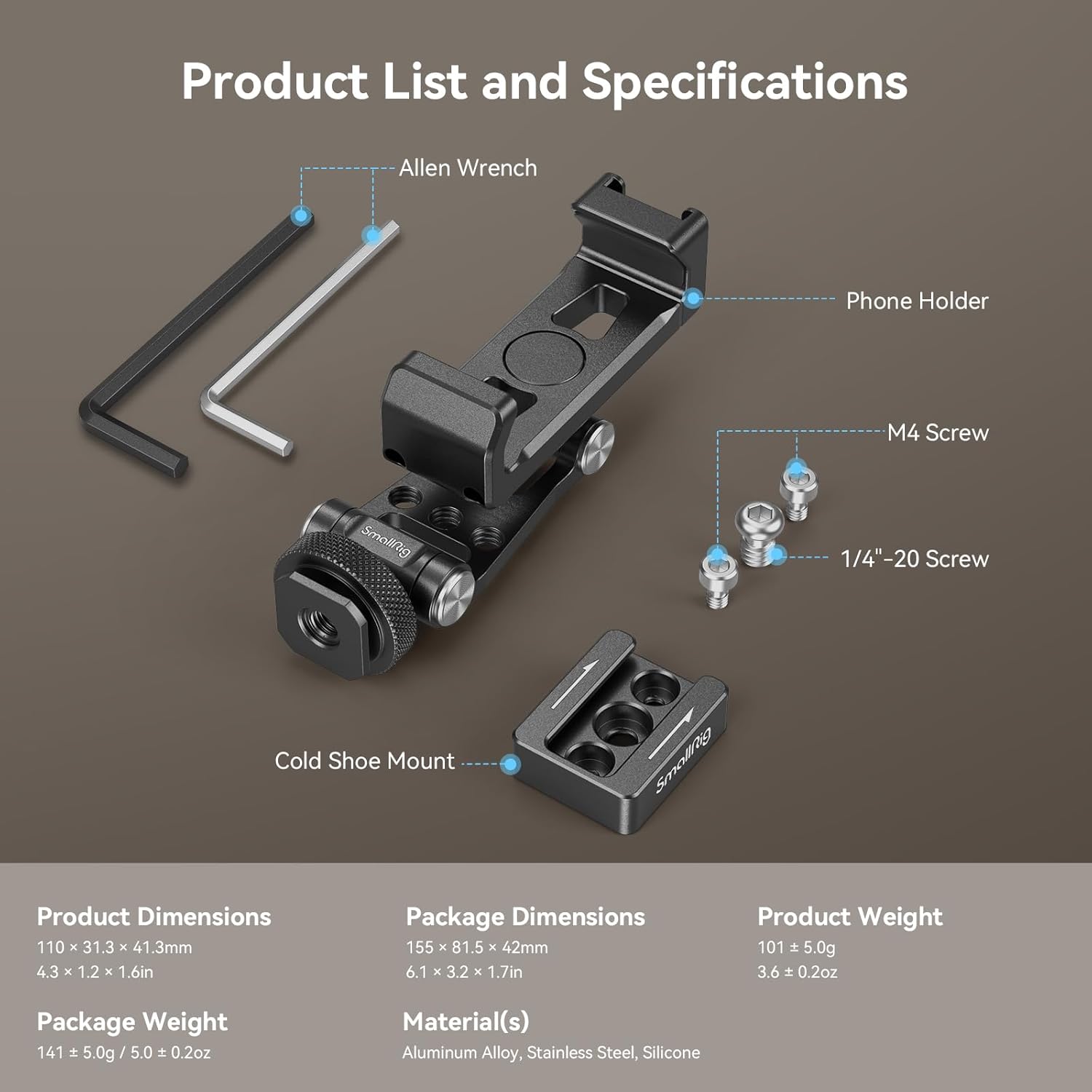 Suport telefon pentru sistem de stabilizare DJI RS, din metal, cu suport cold shoe si suruburi M4, reglabil, adaptor smartphone pana la 88 mm latime