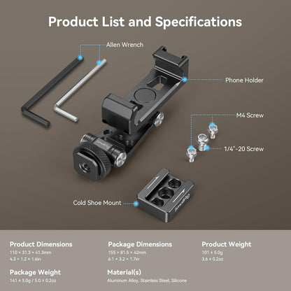Suport telefon pentru sistem de stabilizare DJI RS, din metal, cu suport cold shoe si suruburi M4, reglabil, adaptor smartphone pana la 88 mm latime