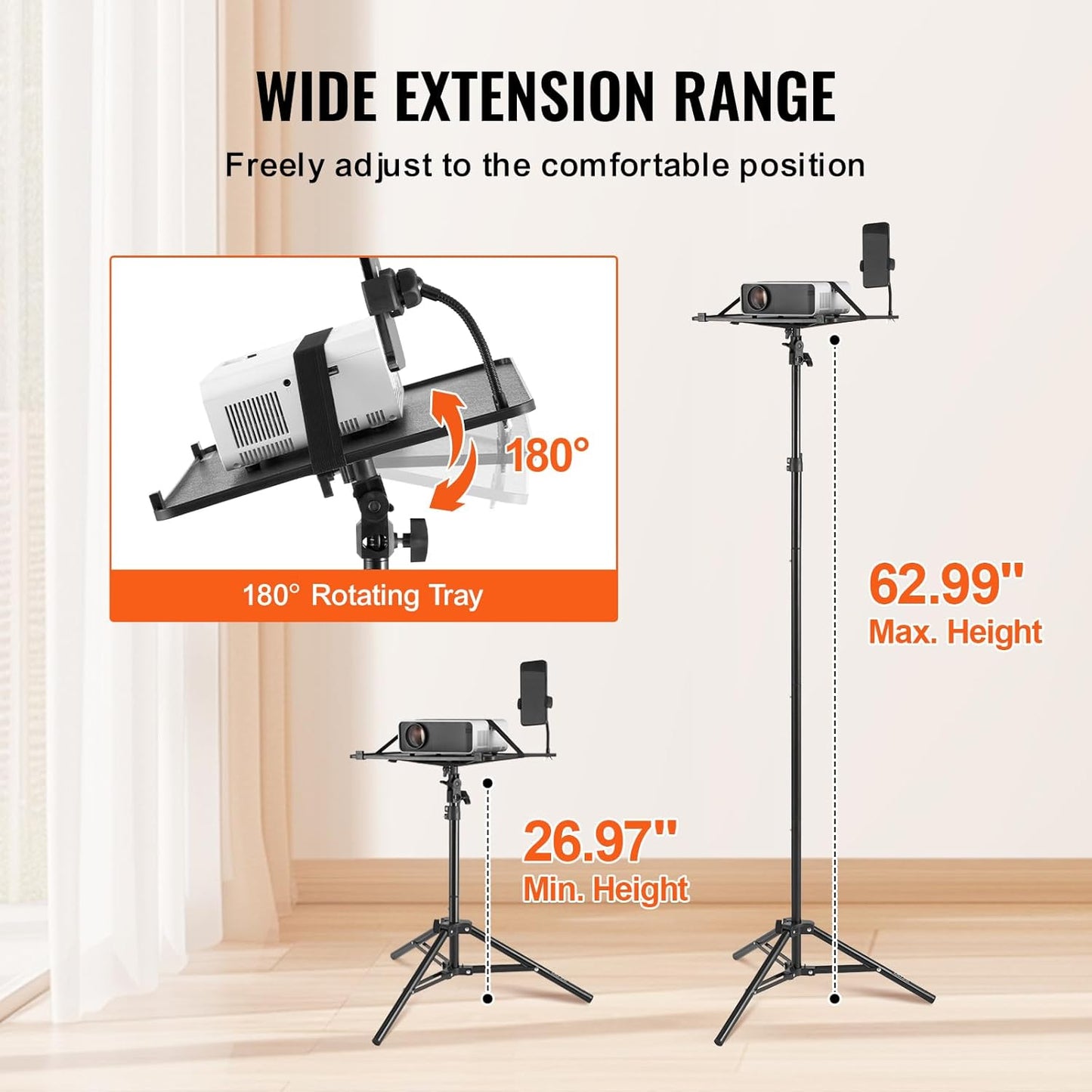 Suport pentru videoproiector sau laptop cu trepied, inaltime reglabila 68 - 160 cm, suport telefon gooseneck, unghi reglabil 180°, portabil, design pliabil, capacitate 5 kg, pentru proiector, tableta, mixer, laptop, partitura, negru
