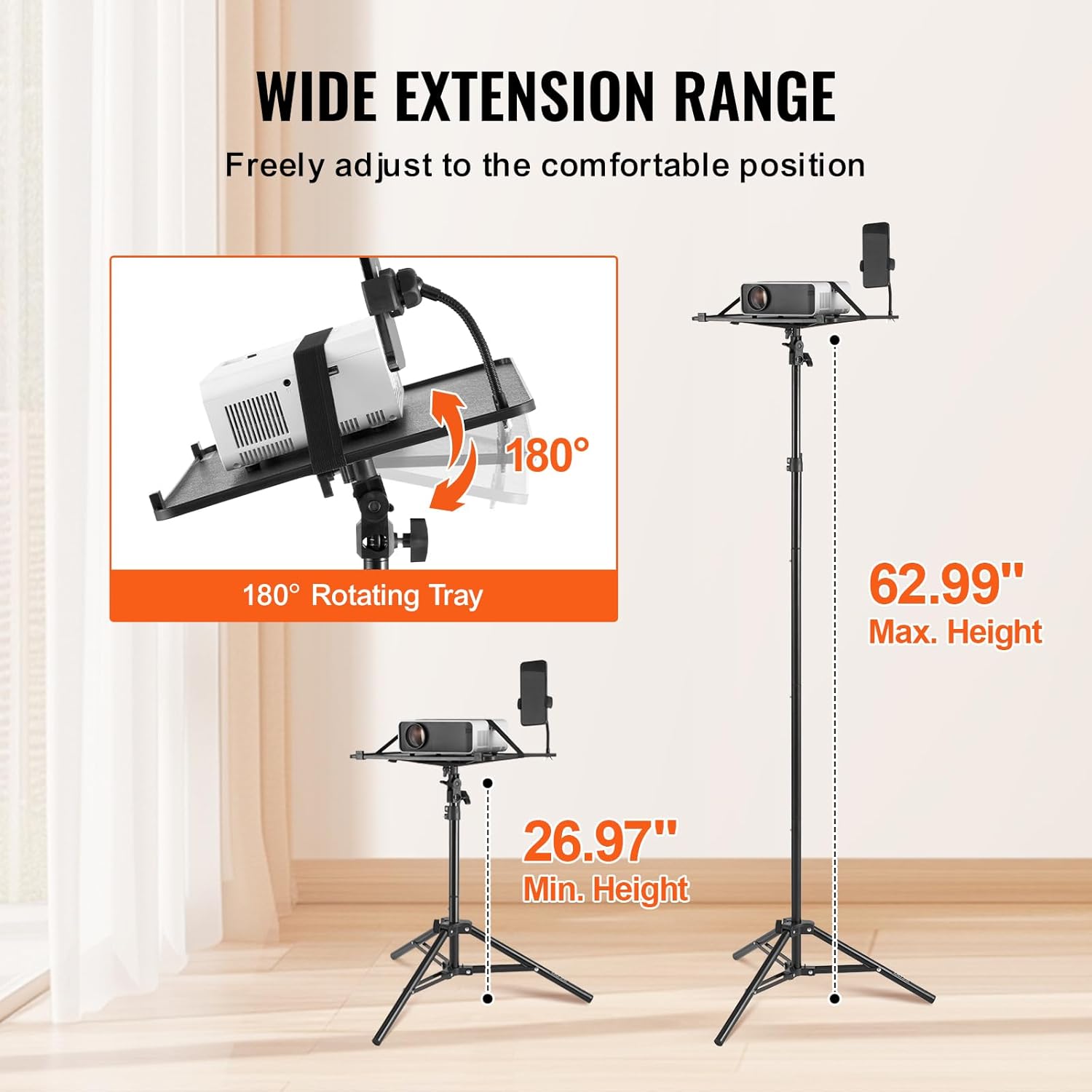 Suport pentru videoproiector sau laptop cu trepied, inaltime reglabila 68 - 160 cm, suport telefon gooseneck, unghi reglabil 180°, portabil, design pliabil, capacitate 5 kg, pentru proiector, tableta, mixer, laptop, partitura, negru