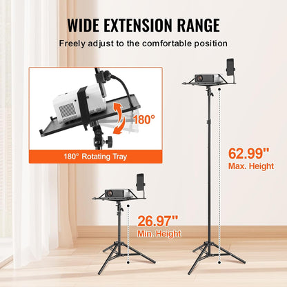 Suport pentru videoproiector sau laptop cu trepied, inaltime reglabila 68 - 160 cm, suport telefon gooseneck, unghi reglabil 180°, portabil, design pliabil, capacitate 5 kg, pentru proiector, tableta, mixer, laptop, partitura, negru
