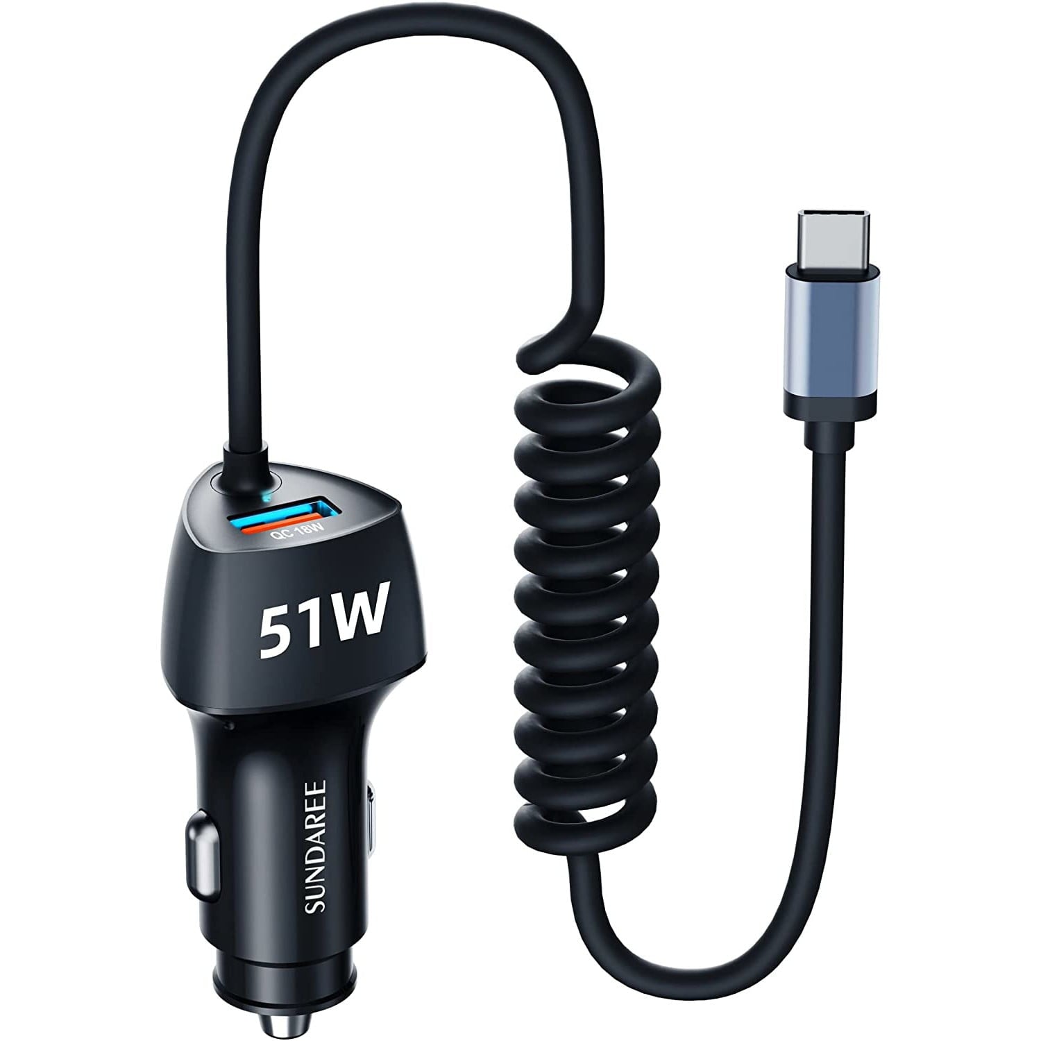 Incarcator auto fast charge 51W 12V~24V, PD&QC&PPS, cu cablu USB C 180 cm integrat, pentru iPhone 13/Xiaomi redmi Note 11/11s/Samsung/Huawei, Android, IOS