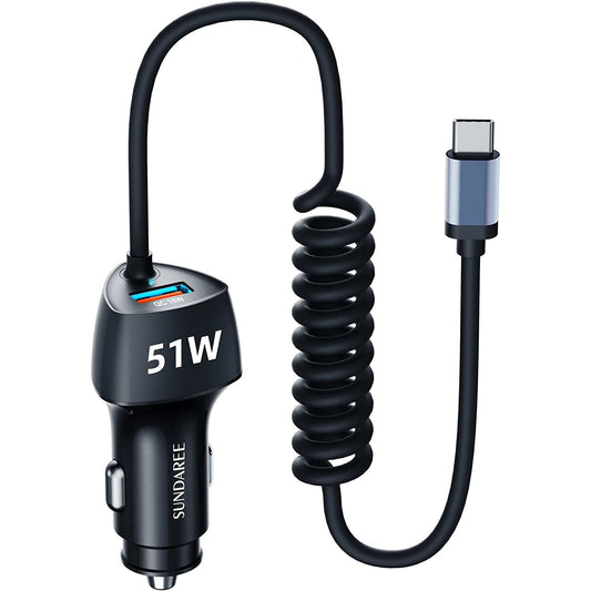 Incarcator auto fast charge 51W 12V~24V, PD&QC&PPS, cu cablu USB C 180 cm integrat, pentru iPhone 13/Xiaomi redmi Note 11/11s/Samsung/Huawei, Android, IOS