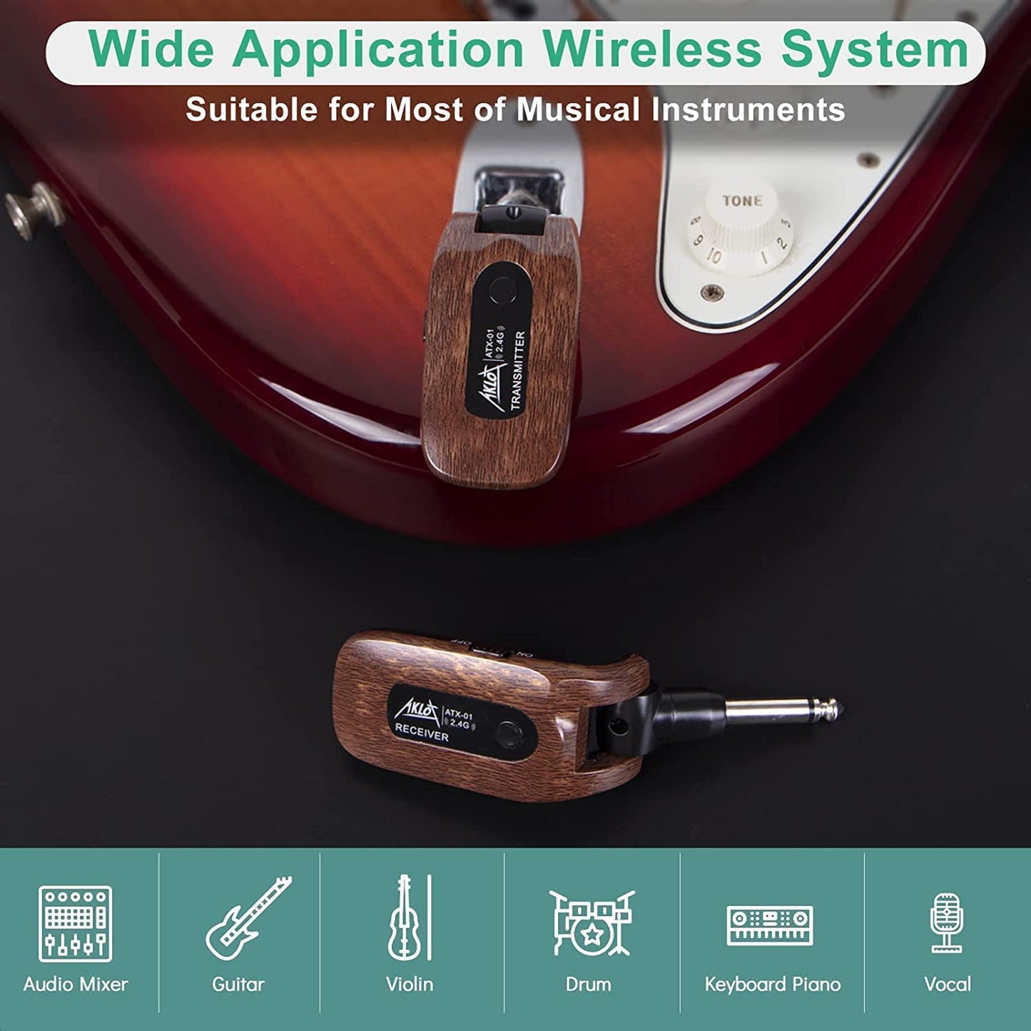Sistem wireless pentru chitara 2.4GHz, plug and play, cu transmitator si receptor, 8 ore de functionare, pentru chitara electrica, chitara bass, vioara, orga