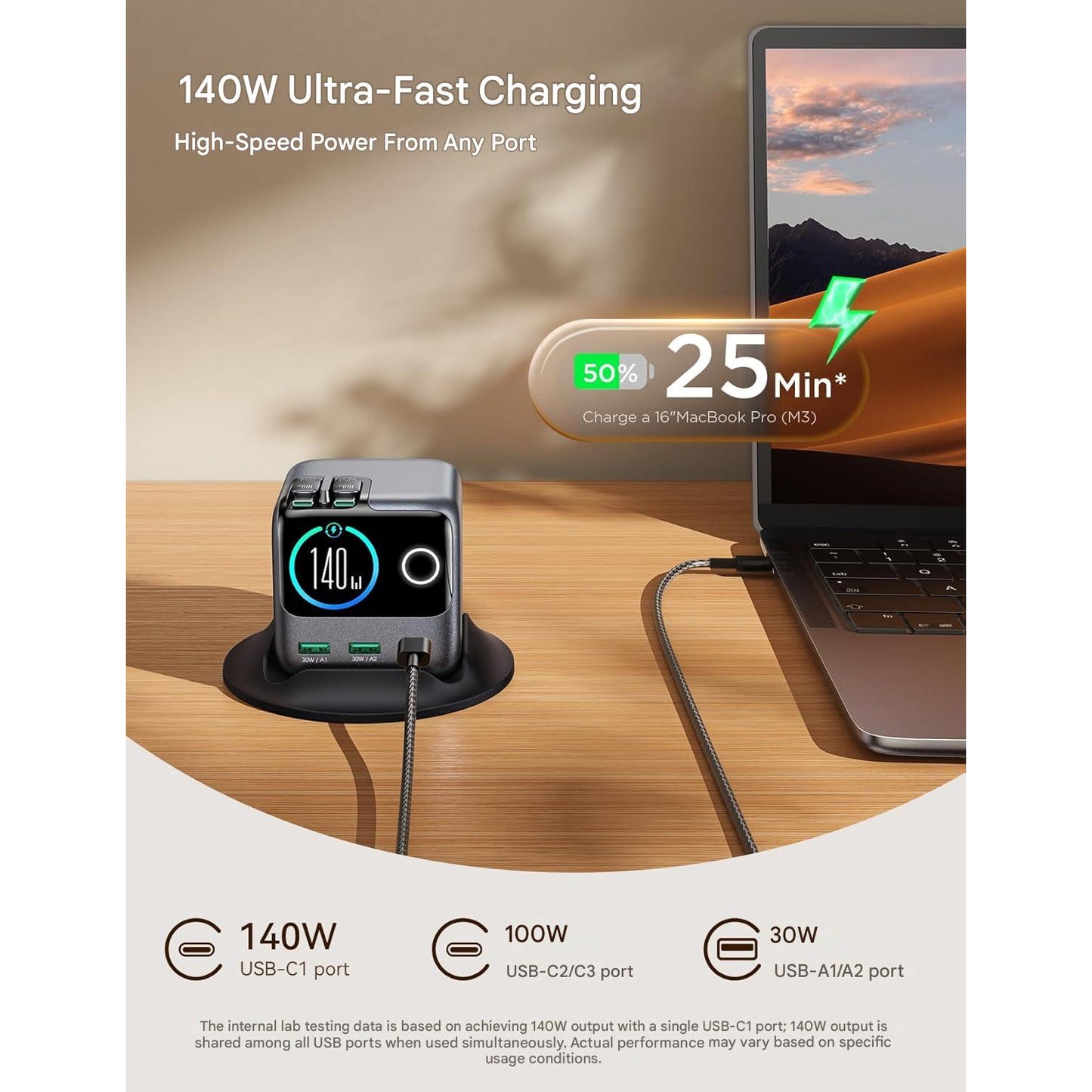 Statie Incarcare JOYROOM PODIX 140W GaN, incarcator rapid USB-C 5-in-1 cu 2 cabluri retractabile 100W, design rotativ la 180°, display LCD 1.54”, 3x USB-C + 2x USB-A, compatibil MacBook, iPhone, Samsung