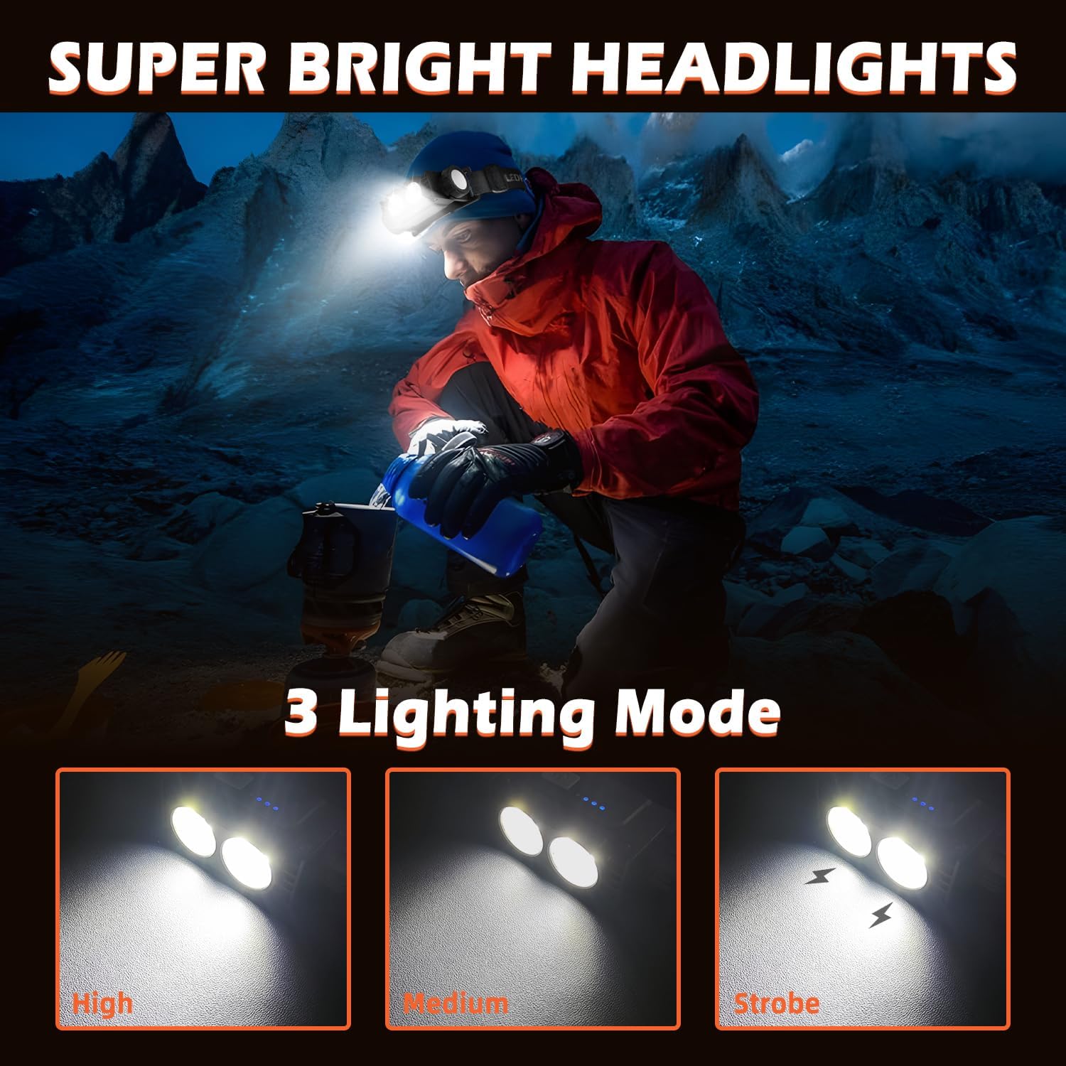 Set 2 lanterne frontale LED reincarcabile 2000 lumeni, 3 moduri iluminare, corp magnetic detasabil, IPX5 impermeabile, incarcare rapida USB-C, usoare si confortabile, pentru camping, pescuit, jogging si activitati outdoor, negru, clasa energetica A+++