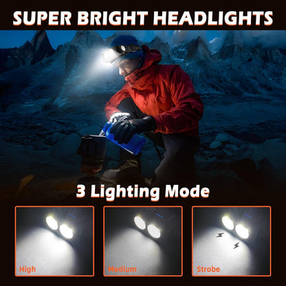 Set 2 lanterne frontale LED reincarcabile 2000 lumeni, 3 moduri iluminare, corp magnetic detasabil, IPX5 impermeabile, incarcare rapida USB-C, usoare si confortabile, pentru camping, pescuit, jogging si activitati outdoor, negru, clasa energetica A+++