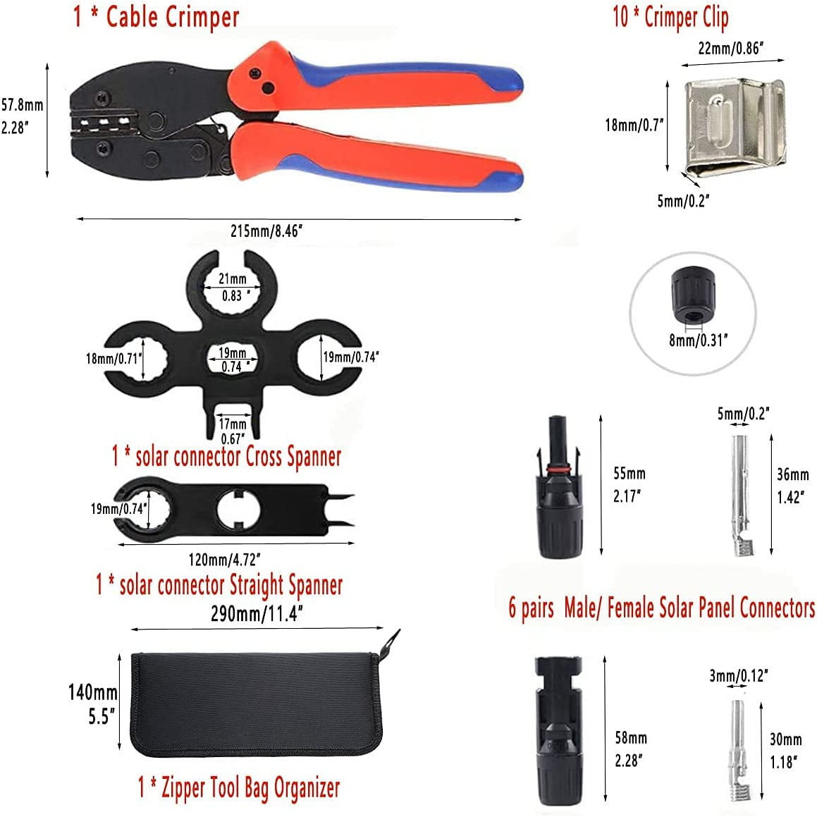 Kit de sertizare conectori cablu solar 4-6 mm², pentru panouri solare, cu 6 perechi conectori MC4 tata/mama, cleste de sertizare, chei pentru conector, cu husa de depozitare si transport