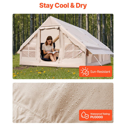 Cort gonflabil pentru camping VEVOR 4x3x2m, capacitate 5-8 persoane, material Oxford 300D impermeabil PU3000, montaj rapid cu pompa inclusa, 2 usi si 4 ferestre cu plasa, cu geanta transport
