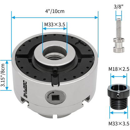 Mandrina autocentranta cu 4 bacuri pentru strung – Mandrina de 100 mm, nichelata, precizie inalta pentru lemn si metal, compatibila cu strunguri M33×3,5 si M18×2,5 cu adaptor, include accesorii, stabila si durabila pentru atelier si proiecte profesionale