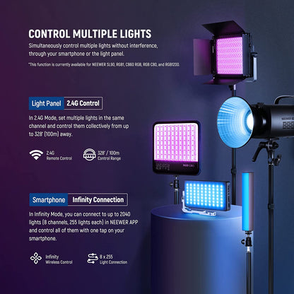 Lumina continua LED RGB cu control aplicatie si 2.4G, 22.000 Lux@0,5m, CRI 97+ / TLCI 98+ / 2500K-8500K, 18 moduri de scena, ajustare culoare 360°, din aliaj de aluminu, Neewer