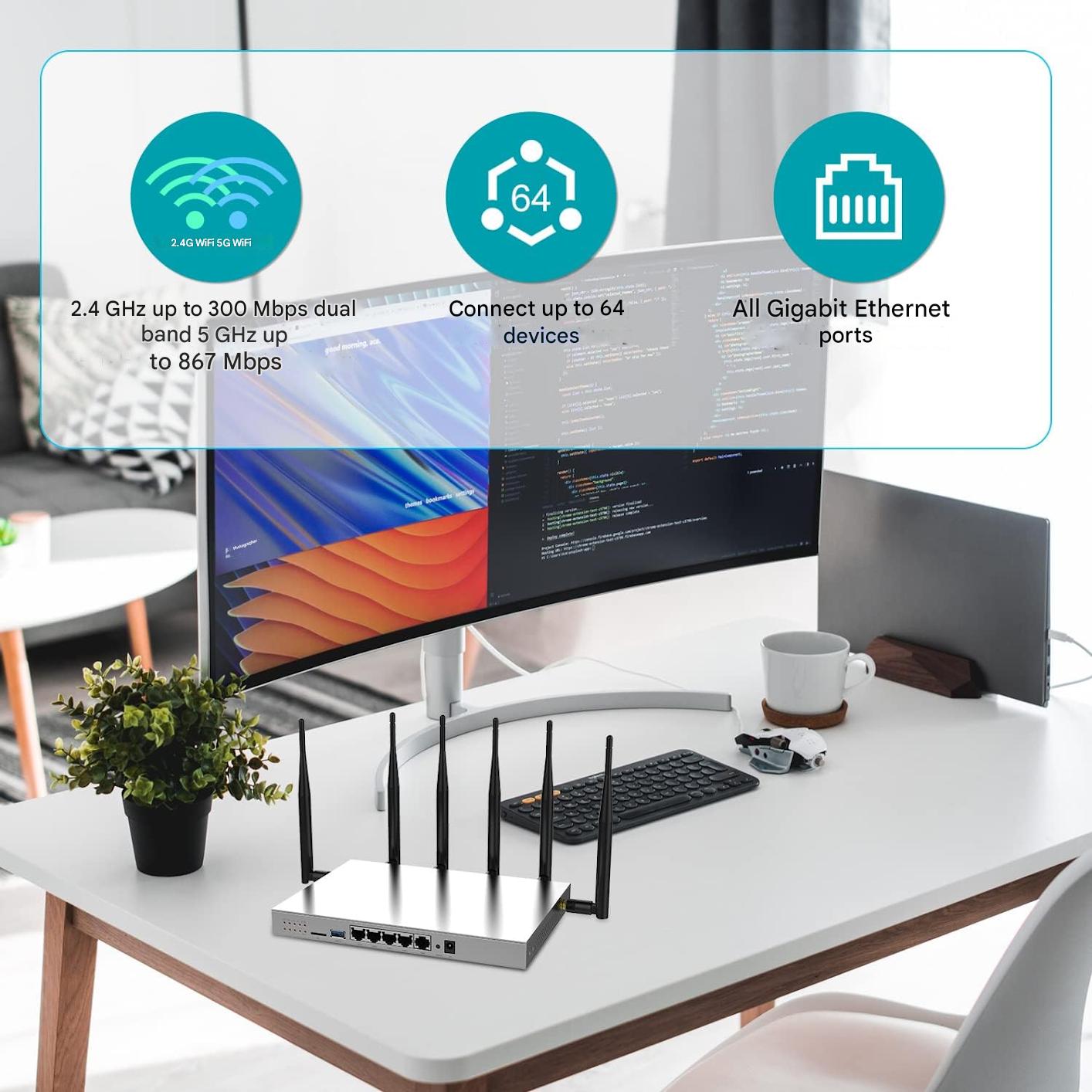 Router wireless cu slot cartela SIM, viteza 4G LTE pana la 300 Mbps, WG3526 Cat 6 AC1200 Dual Band, Wi-Fi Gigabit 2.4G/5.8G, USB 3.0, 6 antene externe 5 dBi, carcasa metalica