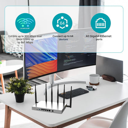 Router wireless cu slot cartela SIM, viteza 4G LTE pana la 300 Mbps, WG3526 Cat 6 AC1200 Dual Band, Wi-Fi Gigabit 2.4G/5.8G, USB 3.0, 6 antene externe 5 dBi, carcasa metalica