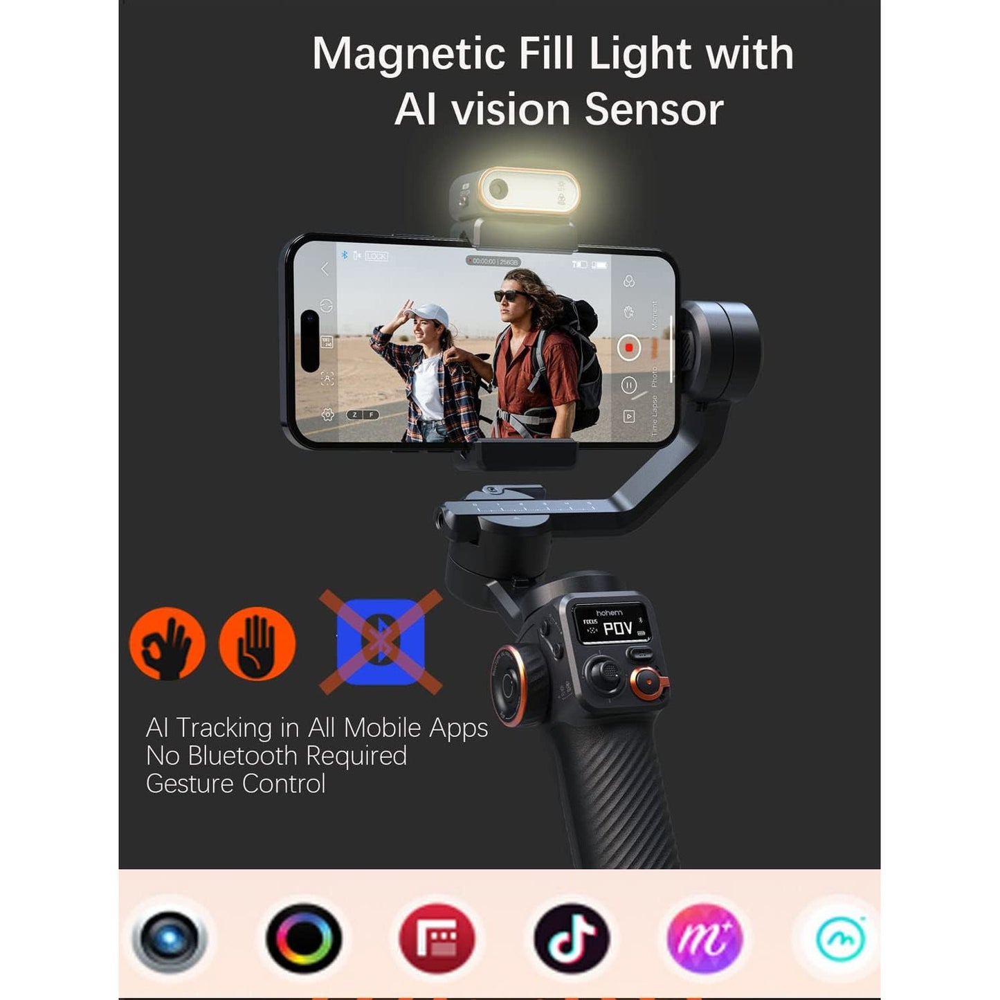 Sistem de stabilizare imagine pentru smartphone, stabilizator gimbal cu 3 axe, display OLED, lumina continua cu senzor AI, mini trepied, incarcare 400 g, Hohem iSteady M6