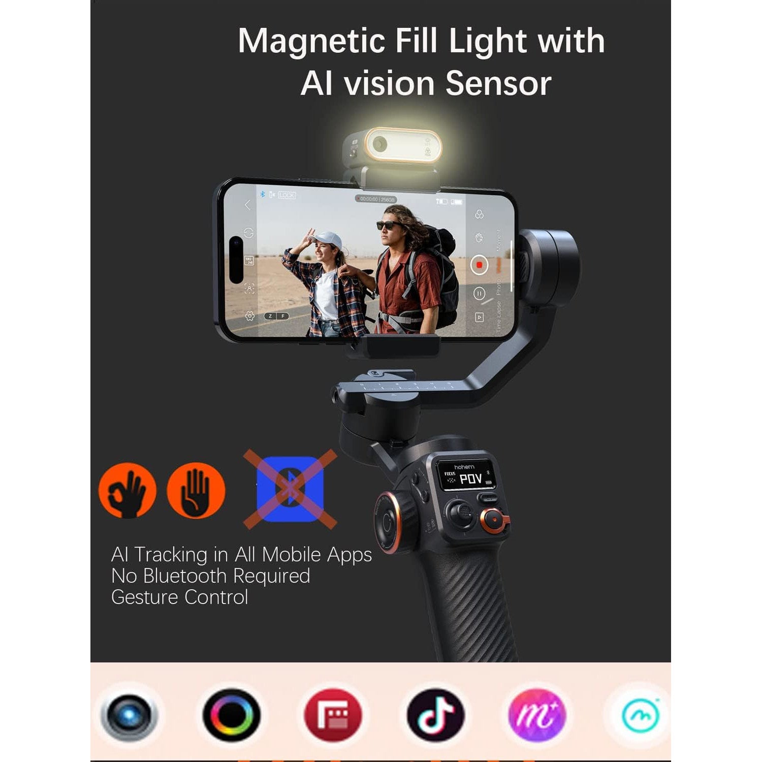 Sistem de stabilizare imagine pentru smartphone, stabilizator gimbal cu 3 axe, display OLED, lumina continua cu senzor AI, mini trepied, incarcare 400 g, Hohem iSteady M6