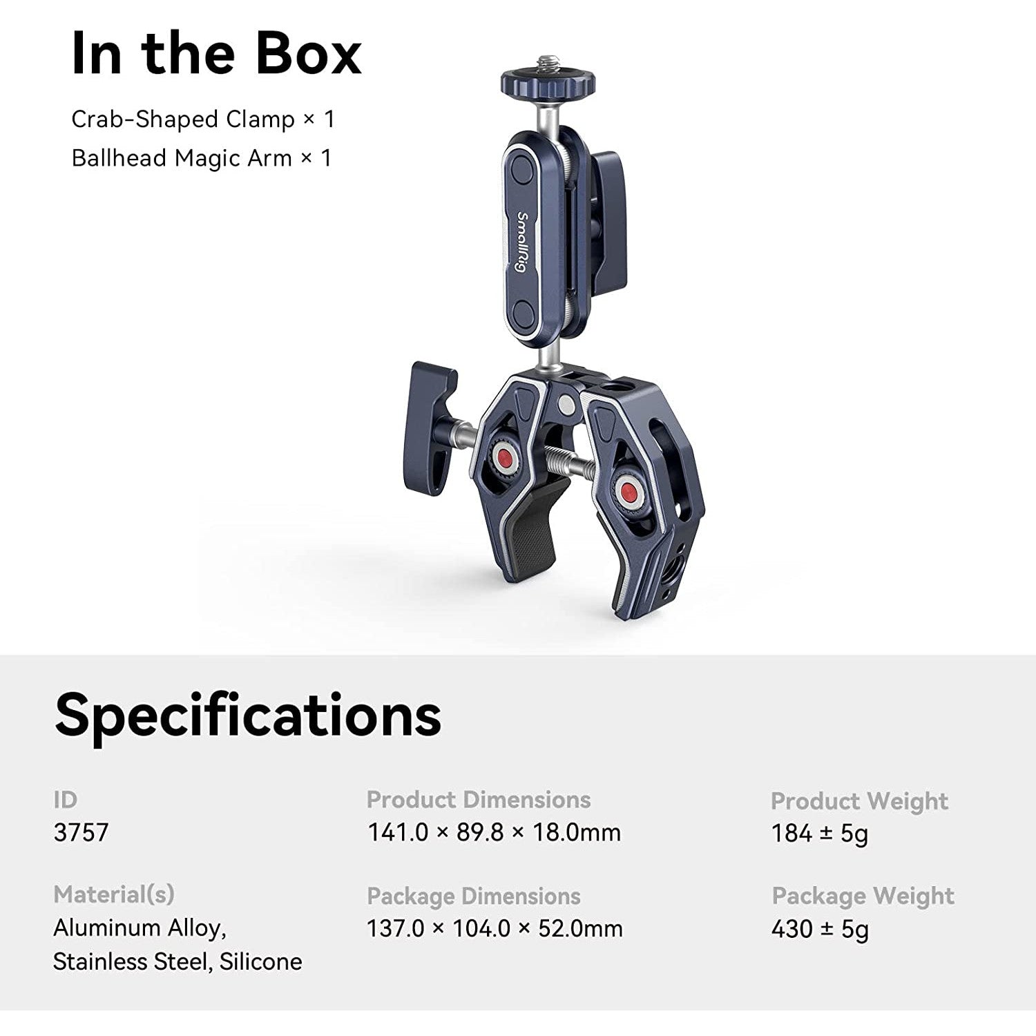 Clema de fixare magic arm cu menghina si montura cap bila cu rotatie 360°, cu filete de 1/4 inch si 3/8 inch, sarcina maxima suportata 3.5 kg, Smallrig 375757