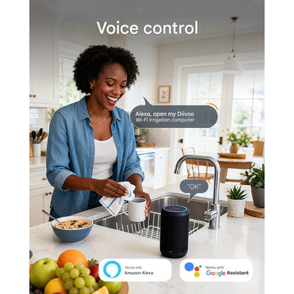 Computer de irigatii smart Diivoo WLAN 4 iesiri – Temporizator udare gradina WiFi + Ethernet, control app, compatibil Alexa si Google, 24 programe, udare 4 zone, mod ploaie si ceata, economisire apa, intrare alama anti-scurgeri
