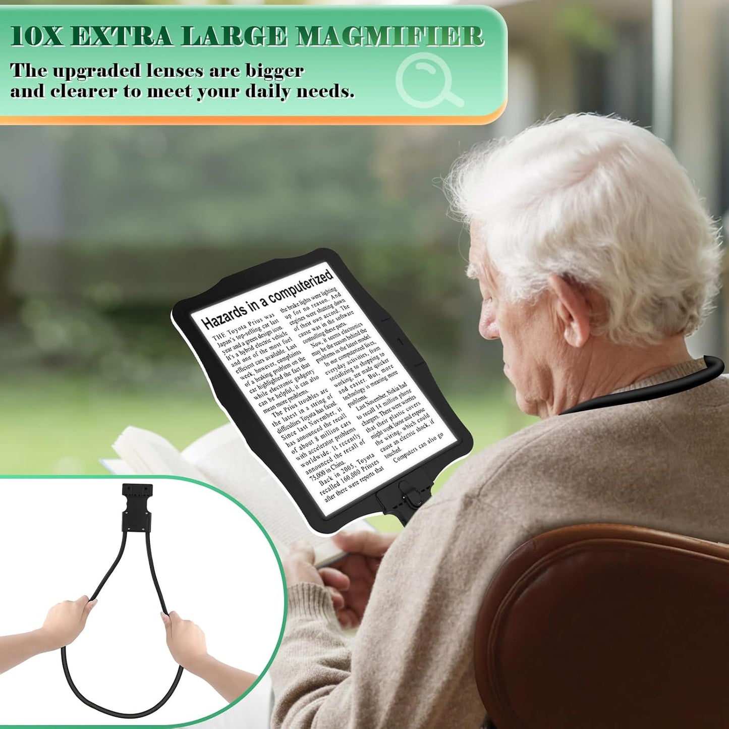 Lupa hands-free 10x, reincarcabila, lentila mare 27x20 cm, 50 LED-uri cu iluminare reglabila, gat flexibil de lebada, versatilitate 3 in 1 pentru citit, cusut, reparatii
