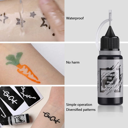 Kit de tatuaje temporare cu 10 sticle de cerneala diferite de 15 ml si 84 sabloane diferite, rezistente la apa, usor de utilizat
