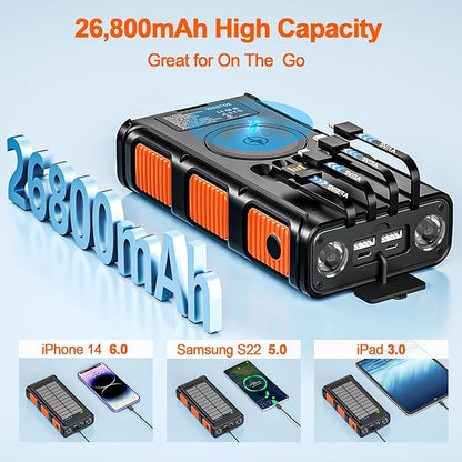 Baterie externa wireless solara, 26800 mAh, Power Bank cu incarcare wireless QI, cu manivela si 4 cabluri, lanterna 3 moduri LED, busola incorporata, carabina, baterie externa pentru camping si drumetii