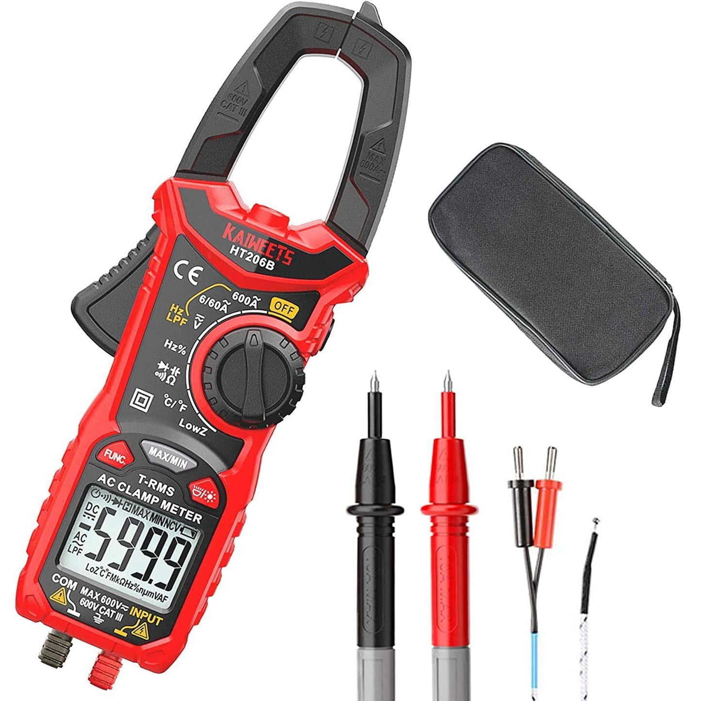 Multimetru digital tip cleste (cleste ampermetric), 6-600 V AC/DC, 6000 counts, NCV, True RMS, clampmetru cu functie hold, masurare tensiune, continuitate, rezistenta, frecventa, temperatura, Kaiweets HT206B