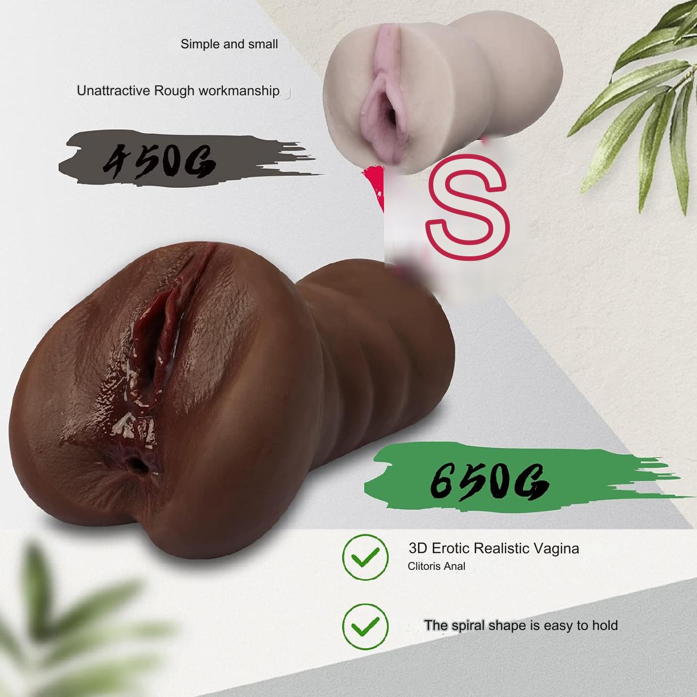 Masturbator realist, jucarie sexuala cu textura interioara stimulativa, tip vagin si anus, culoare ciocolata neagra