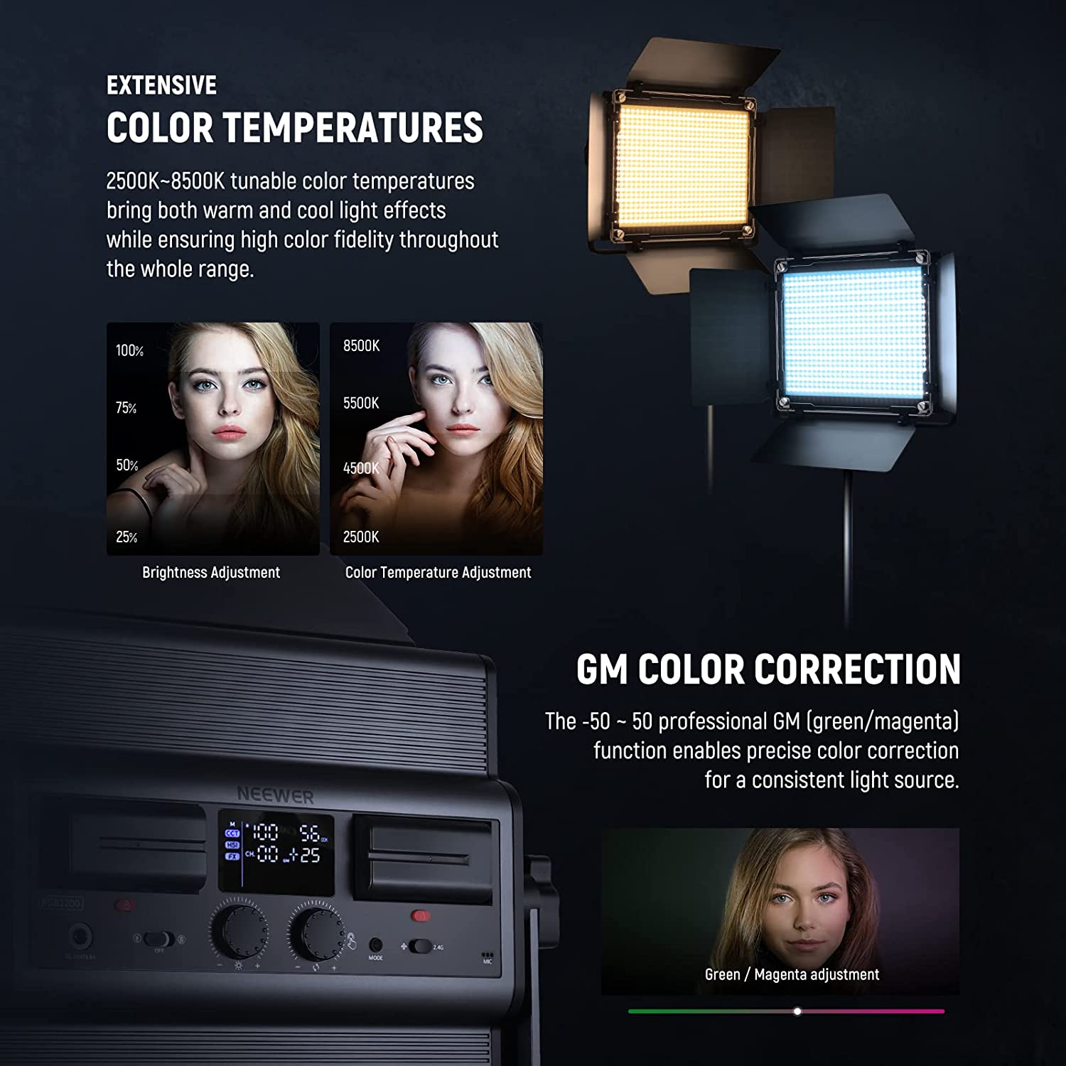 Lumina continua LED RGB cu control aplicatie si 2.4G, 22.000 Lux@0,5m, CRI 97+ / TLCI 98+ / 2500K-8500K, 18 moduri de scena, ajustare culoare 360°, din aliaj de aluminu, Neewer