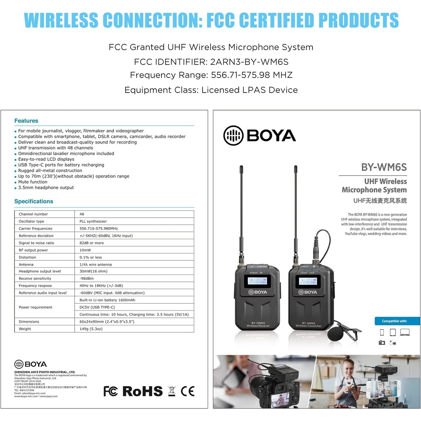 Microfon lavaliera wireless UHF, cu 1 transmitator si 1 receptor, 48 canale, acumulator incorporat, display LCD, distanta de transmitere pana la 70m, pentru camera DSLR, smartphone, PC, Laptop