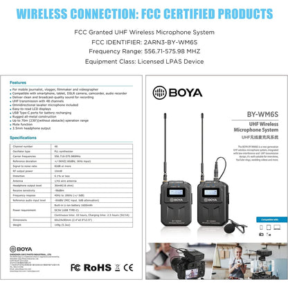 Microfon lavaliera wireless UHF, cu 1 transmitator si 1 receptor, 48 canale, acumulator incorporat, display LCD, distanta de transmitere pana la 70m, pentru camera DSLR, smartphone, PC, Laptop