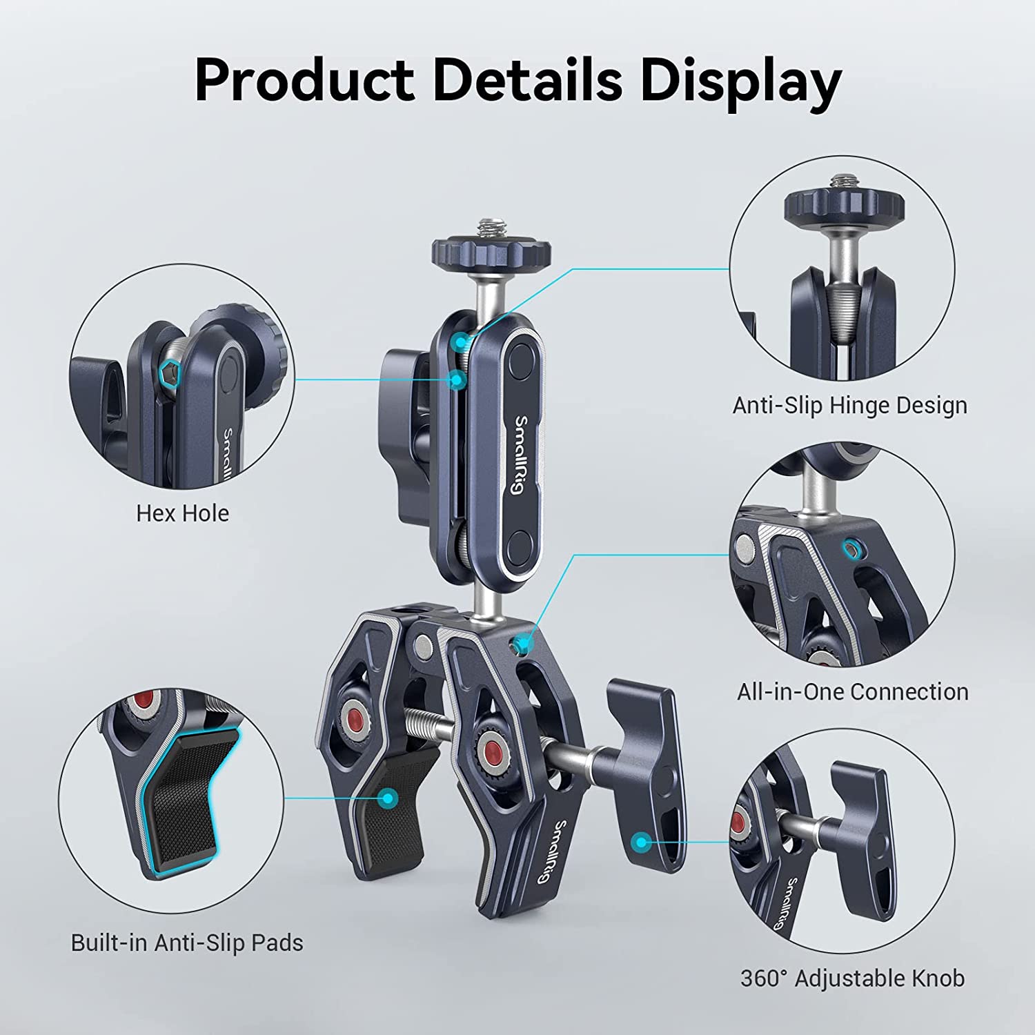 Clema de fixare magic arm cu menghina si montura cap bila cu rotatie 360°, cu filete de 1/4 inch si 3/8 inch, sarcina maxima suportata 3.5 kg, Smallrig 375757