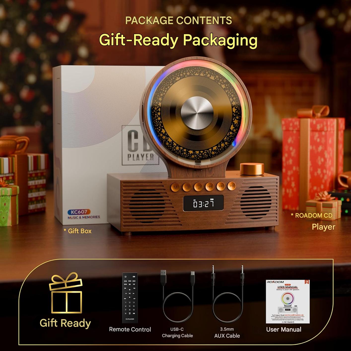 CD player portabil ROADOM Bluetooth 5.3, difuzoare duale Hi-Fi, baterie 4000 mAh, 6 in 1 CD, USB, TF, FM, AUX, lumina RGB, telecomanda, design retro vintage din lemn, maro
