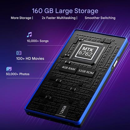 MP3 Player Android 160GB (32GB + 128GB), ecran de 5 inch HD, Android 13, 4GB RAM, Octa-Core, Bluetooth 5.0, WiFi Dual Band, Radio FM, mod copii, compatibil Spotify, Amazon Music, Deezer, Audible, baterie 2500mAh