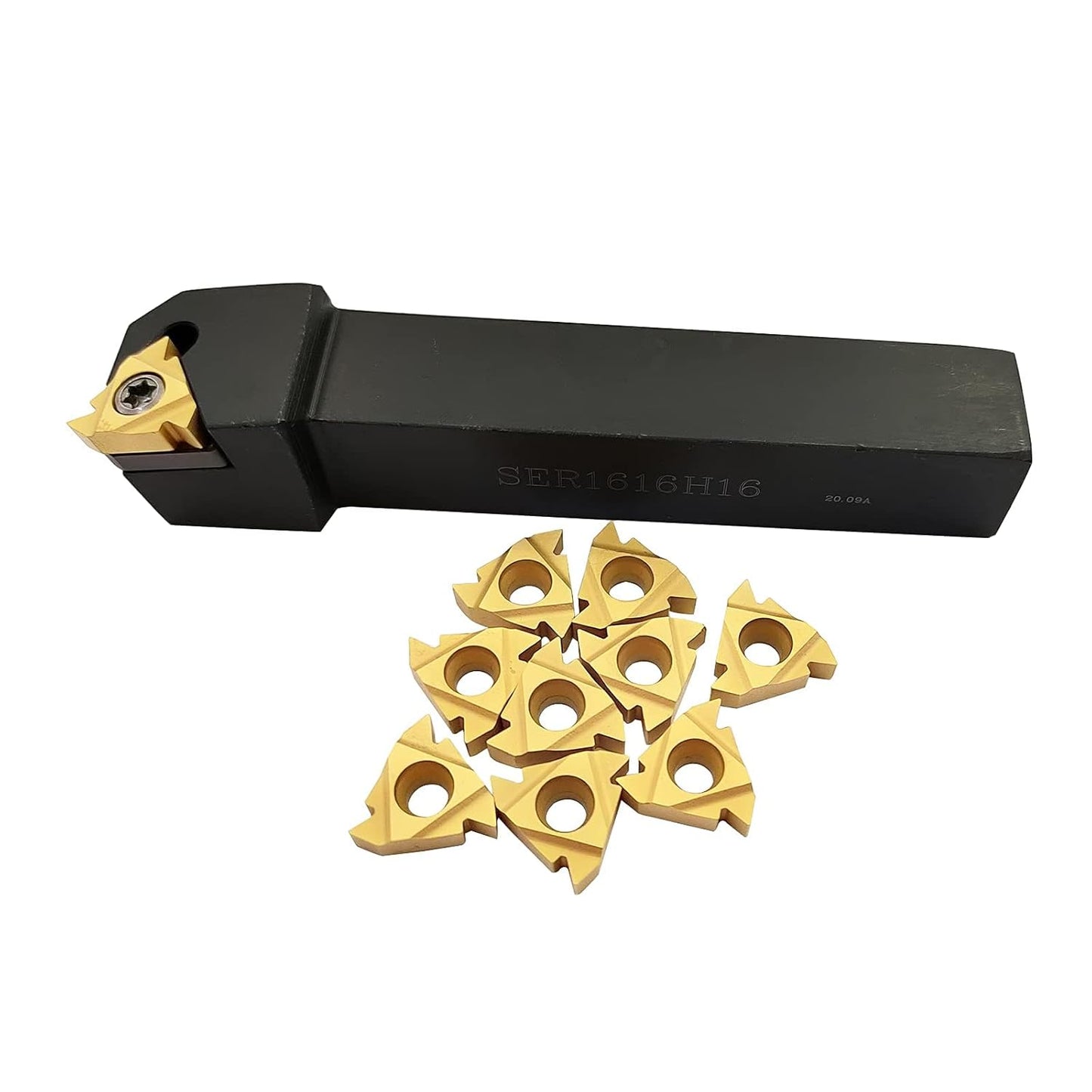 Suport scule strung CNC SER1616H16 5/8", cu 10 insertii din carbura 16ER AG60, set pentru filetare metal, taiere dreapta, pas 0.5–3.0 mm, constructie otel rezistent cu finisaj oxidat negru, stabil si durabil, cheie T8 inclusa, pentru atelier si CNC
