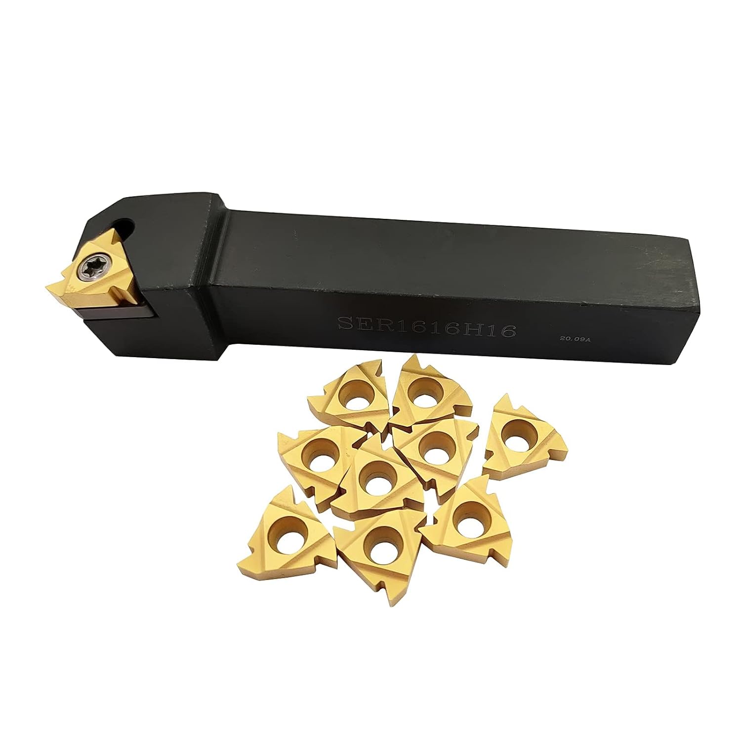 Suport scule strung CNC SER1616H16 5/8", cu 10 insertii din carbura 16ER AG60, set pentru filetare metal, taiere dreapta, pas 0.5–3.0 mm, constructie otel rezistent cu finisaj oxidat negru, stabil si durabil, cheie T8 inclusa, pentru atelier si CNC