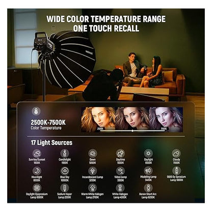 Lampa studio LED COB 300 W, RGB, 17 efecte, lumina continua COB 2500K-7500K, 29000 lux/1 m, dimabila, ventilator silentios, montura Bowens CRI95+/TLCI97+, cu control aplicatie dedicata, pentru fotografie de studio si inregistrare video
