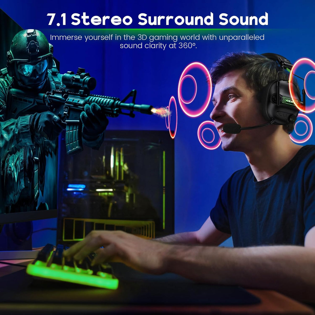 Casti gaming wireless WESEARY WG2 2.4G Bluetooth 5.4, sunet surround 7.1 3D, driver 50mm titan, microfon dual ENC, latenta <20ms, compatibile PS5, PS4, PC, Mac, Switch, baterie 1200mAh 50h, RGB LED
