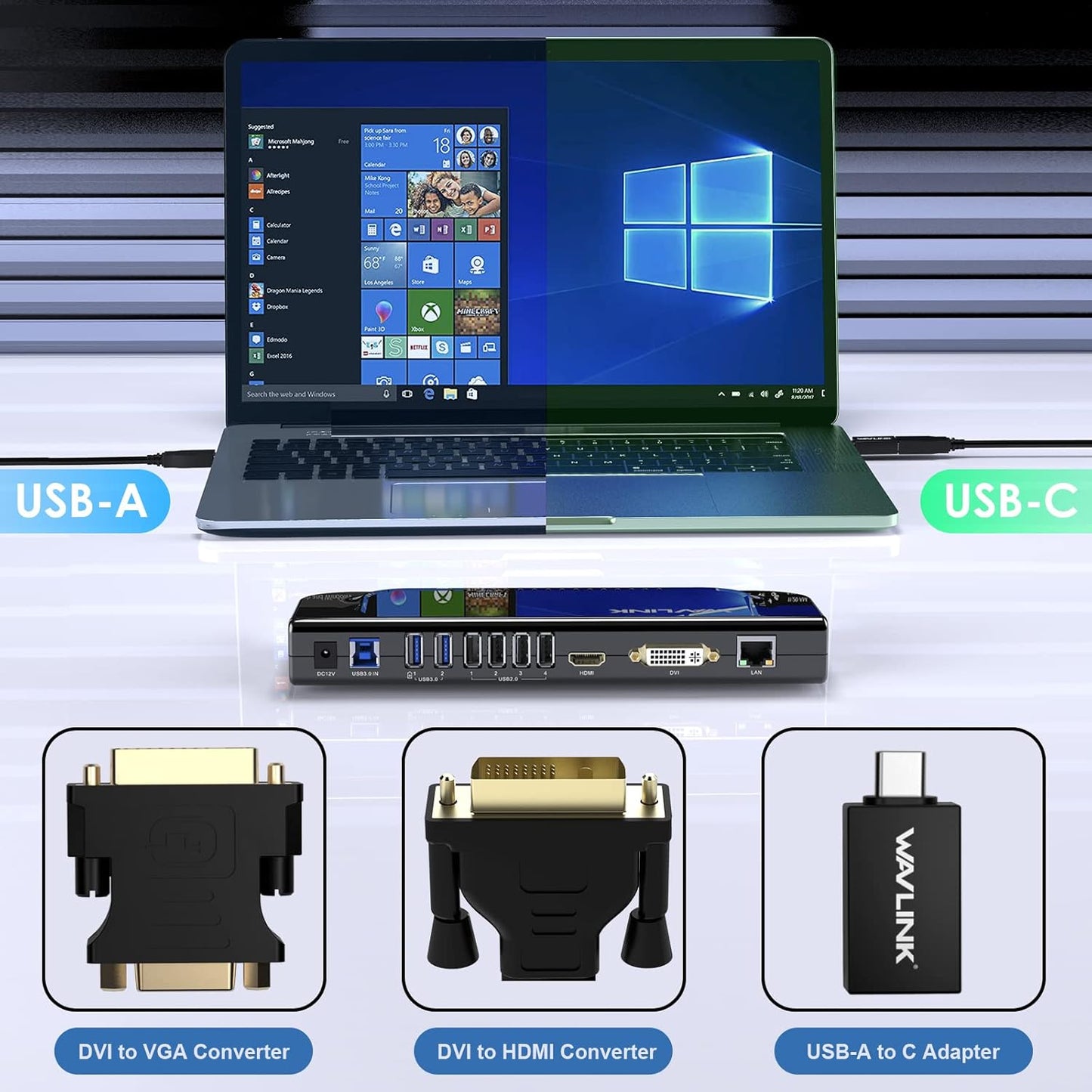 Statie de andocare 13 in 1 universala, cu functie extensie display, port HDMI, DVI, Ethernet, 2 x USB 3.0, 4 x USB 2.0, 1 x adaptor DVI la HDMI, 1x adaptor DVI la VGA, 1 x adaptor USB A la USB-C, pentru laptop Windows/MAC