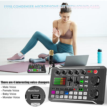 Set microfon podcast ALLWIN cu condensator cardioid BM‑800 si mixer audio USB F988, placa de sunet DSP Dual, suport reglabil si filtru Pop, pentru Streaming, Podcasting si inregistrare PC, Laptop, telefon, tableta
